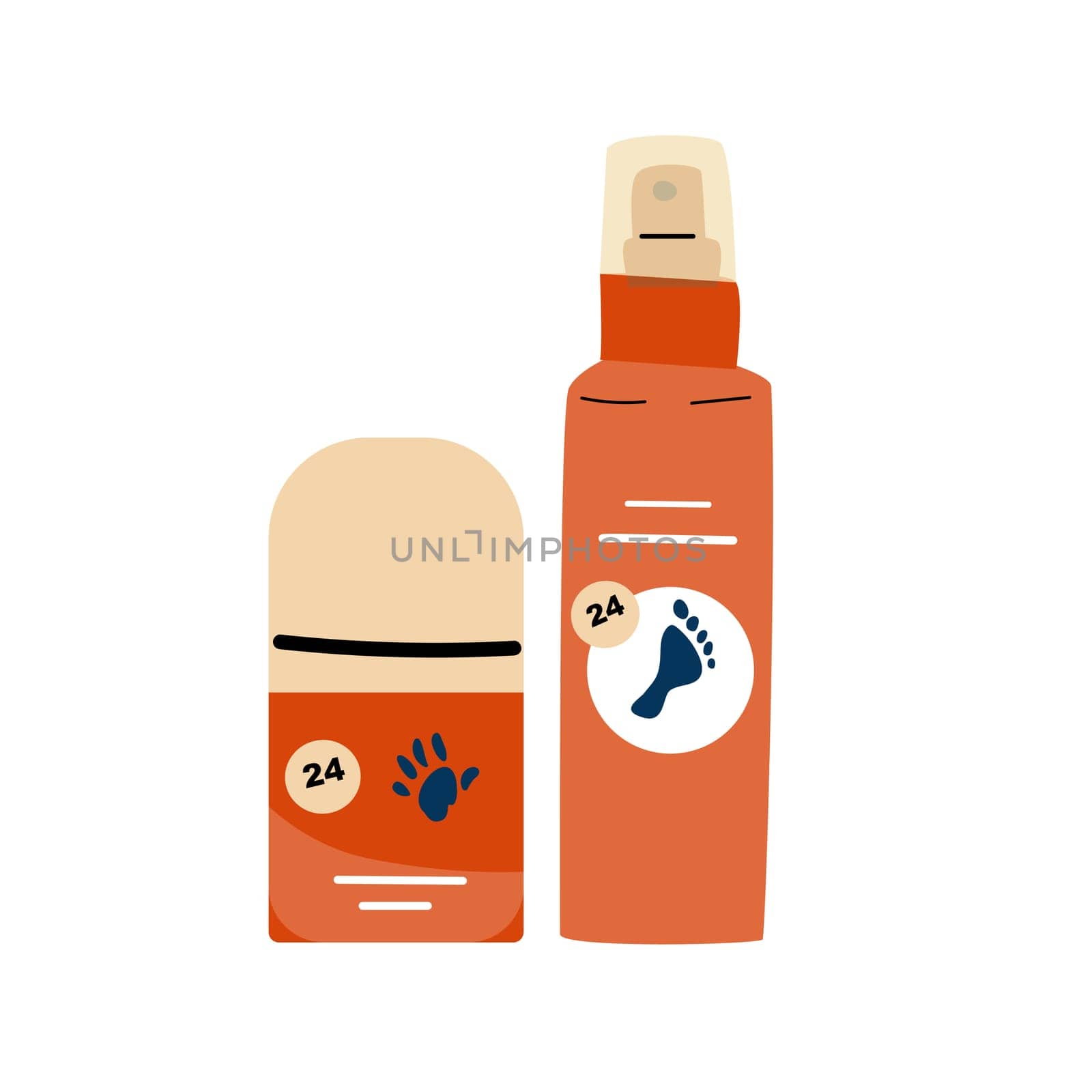 Hand, body and foot skin protection care deodorant set. Cosmetic products in flat style.