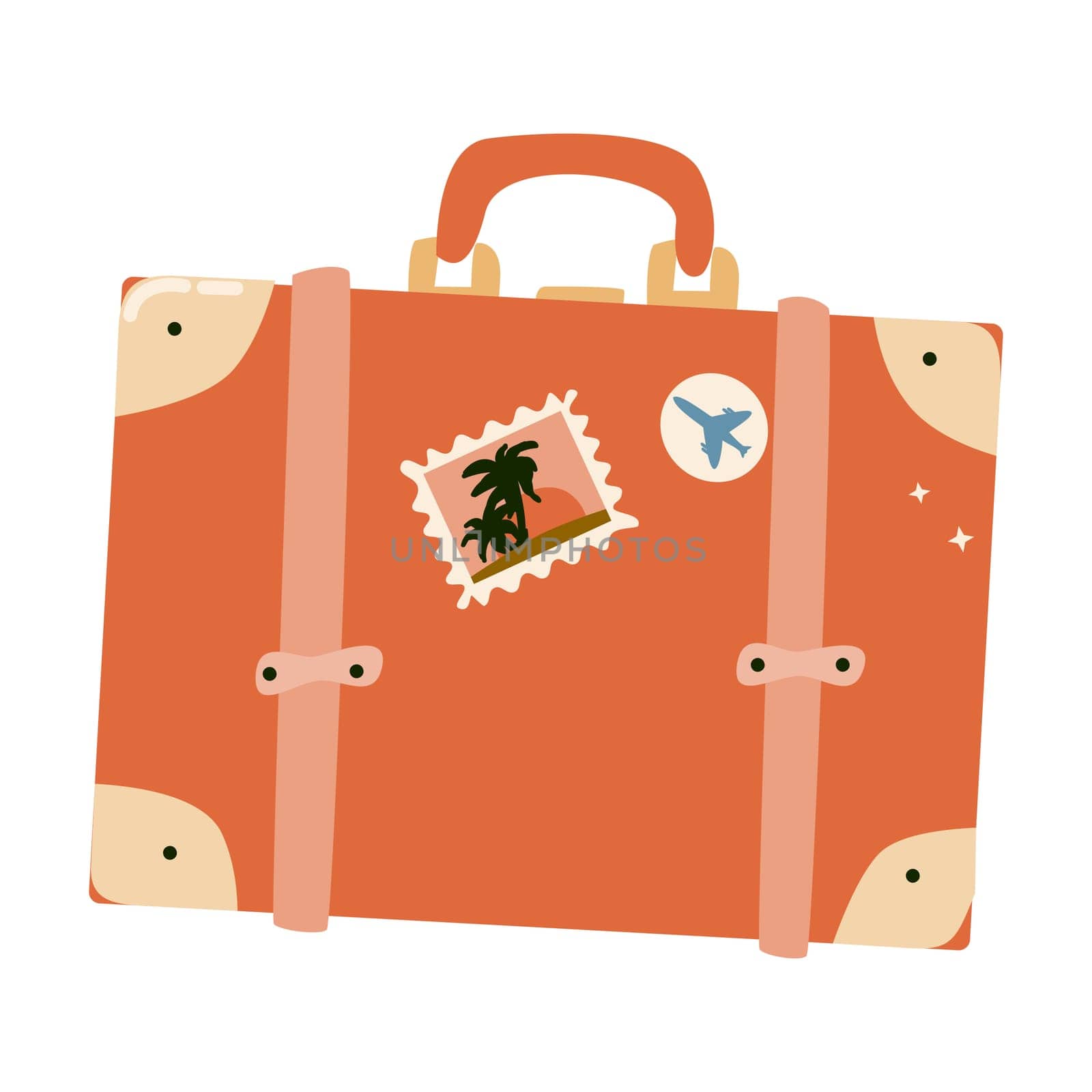 Summer vacation element of cartoon suitcase with sticker or abstract pattern and drink. Can used for stickers and patch, cover design.