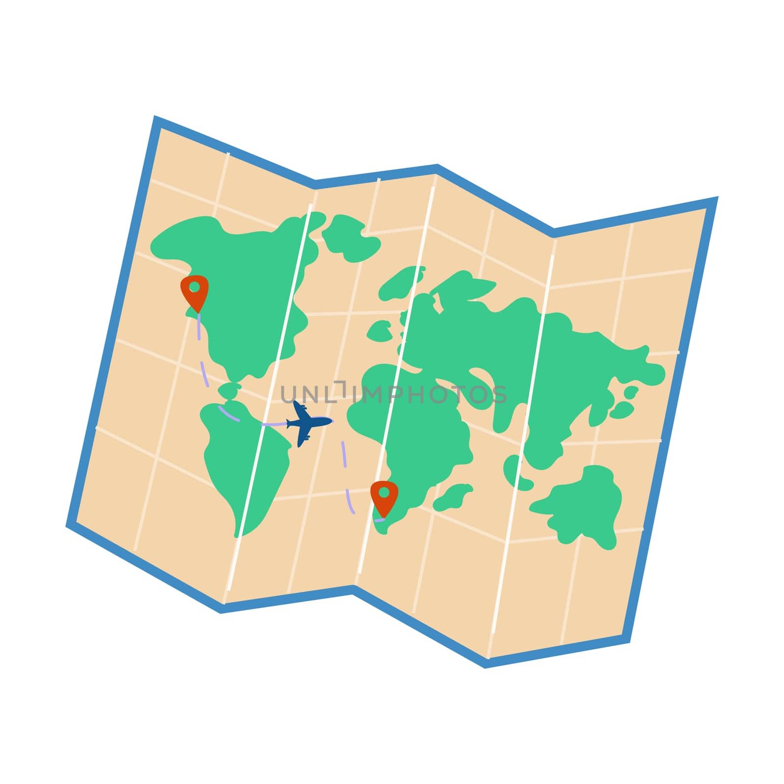 Summer vacation element for flight trip concept. World map and location mark.
