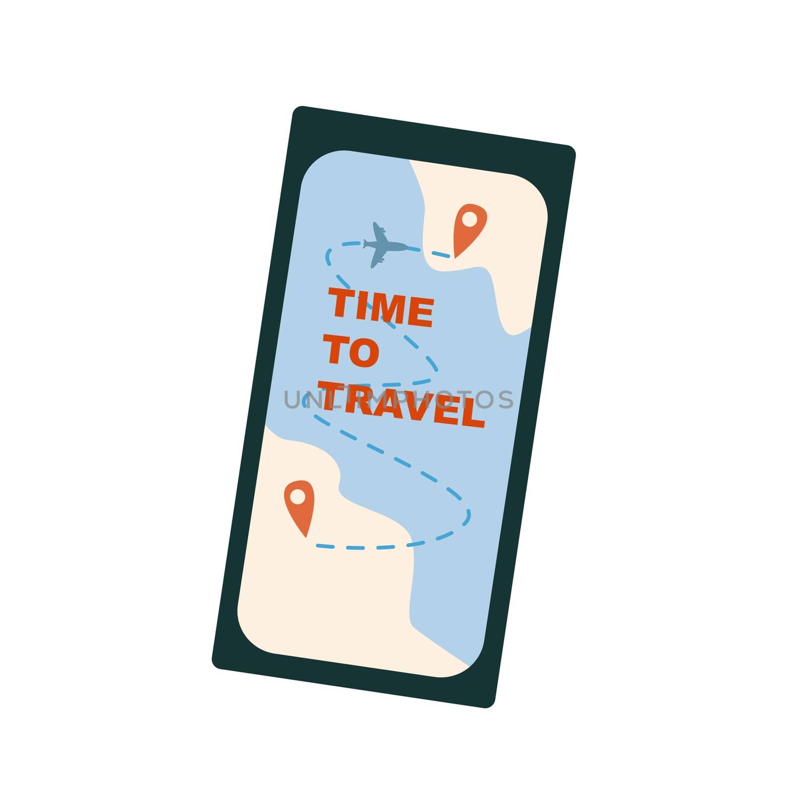 Summer vacation plane journey element - mobile phone with map with airplane for flight trip concept. Phone with map gps.