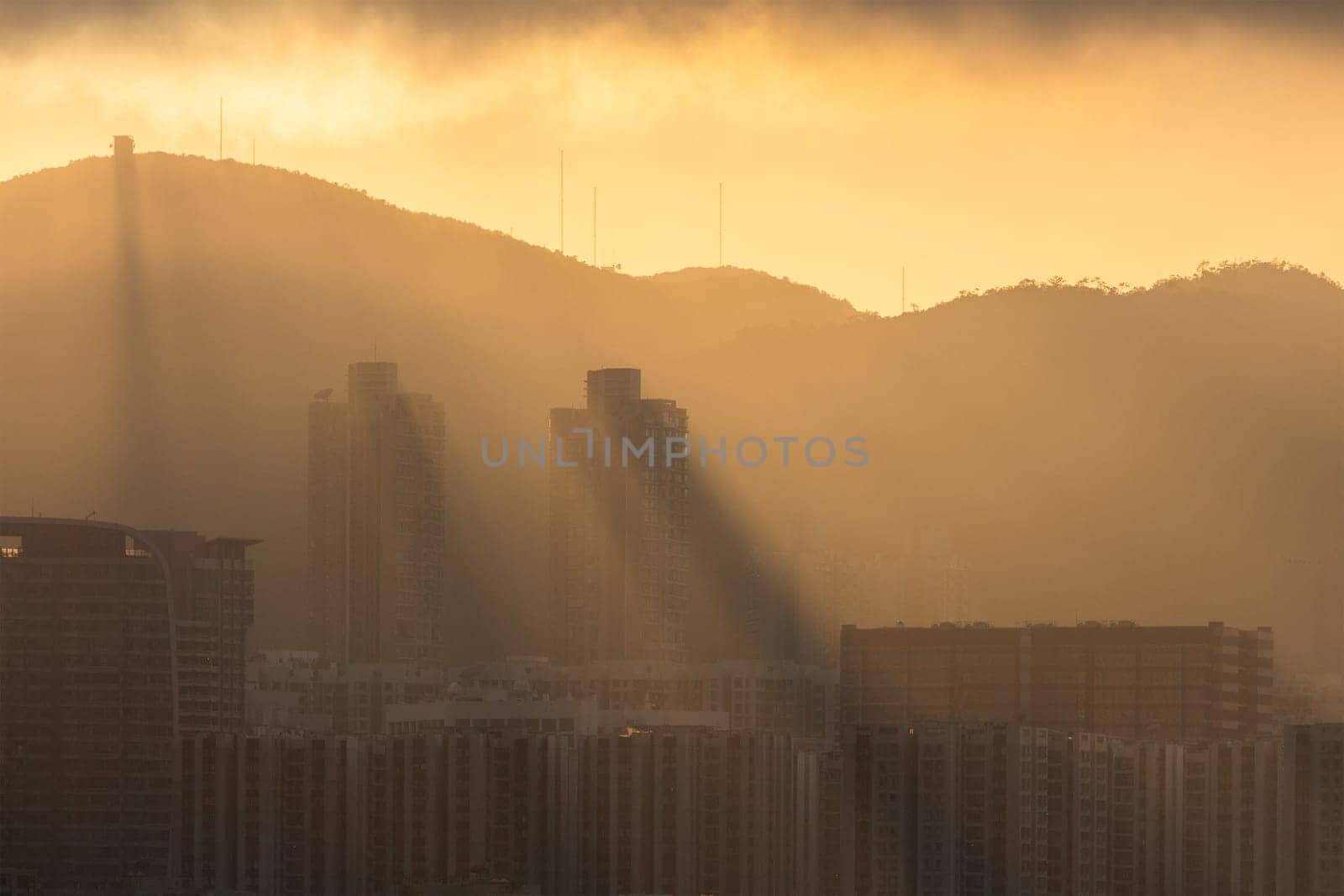 Sunlight flare over the city in Hong Kong
