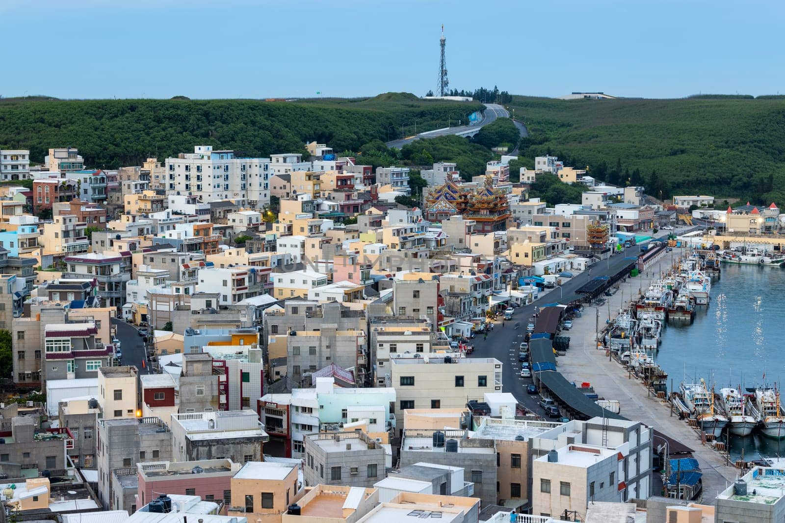 Penghu, Taiwan 27 June 2022: Xiyu township fishing village in Penghu of Taiwan at sunset