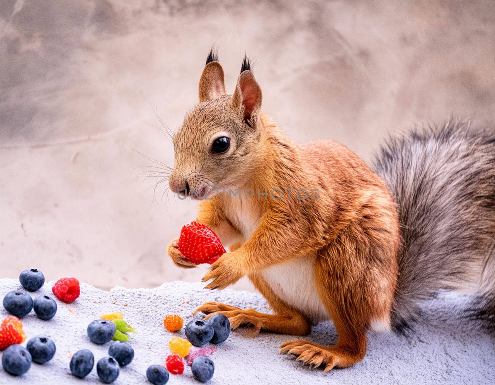 Autumn scene with a cute red squirrel. Sciurus vulgaris. European squirrel sits on the tree stump.