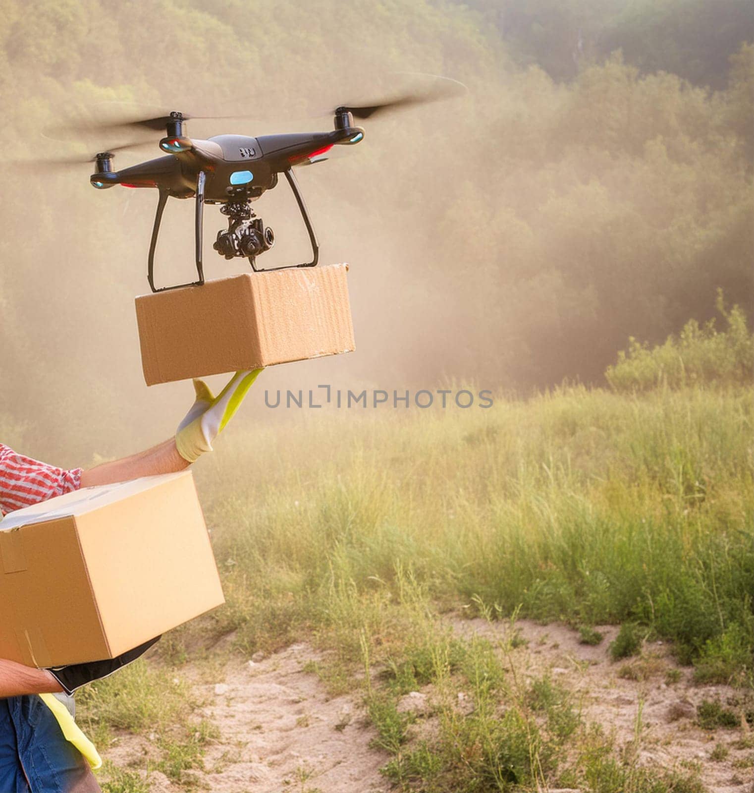 Flying delivery drone on the way to transport a package. Modern innovative technology.