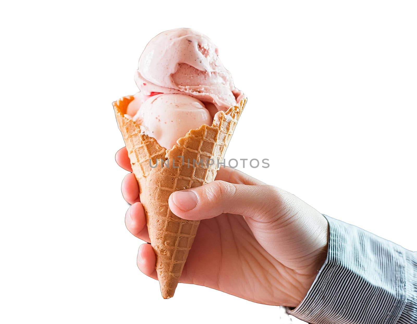 Set of different ice cream scoops in waffle cones isolated on white background