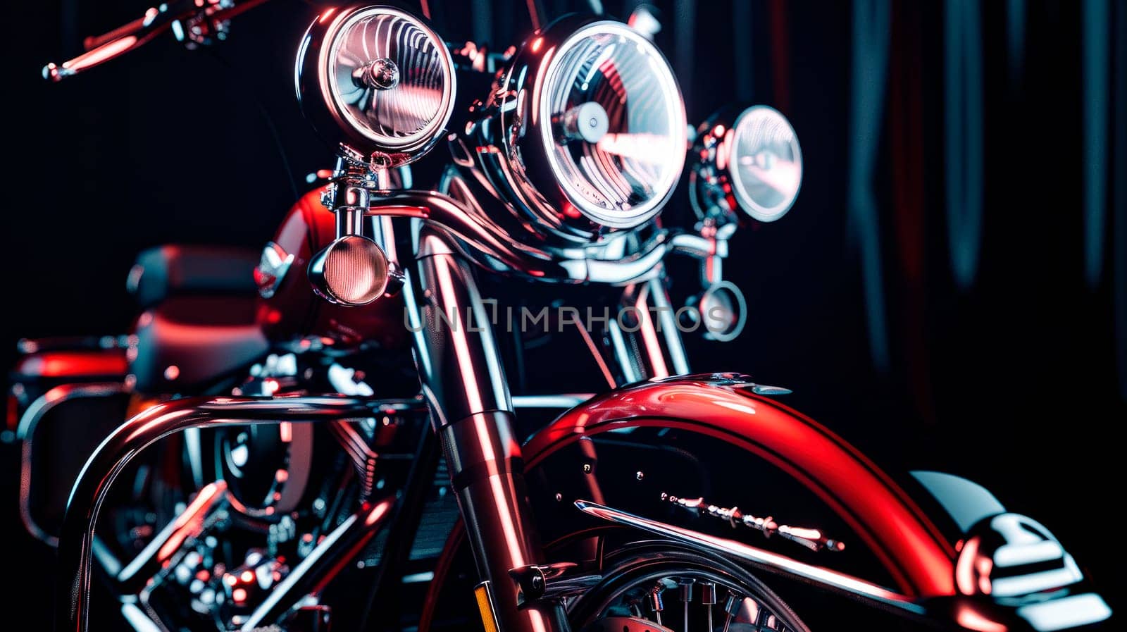 Classic chopper motorcycle on a dark background, close-up view. AI generated