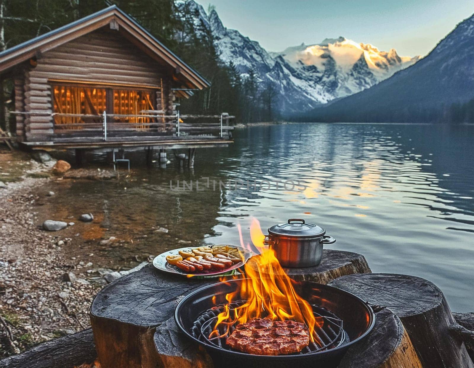 Log cabin or forester's hut by the river in the forest (illustration of a fictional situation, in the form of a photo collage)