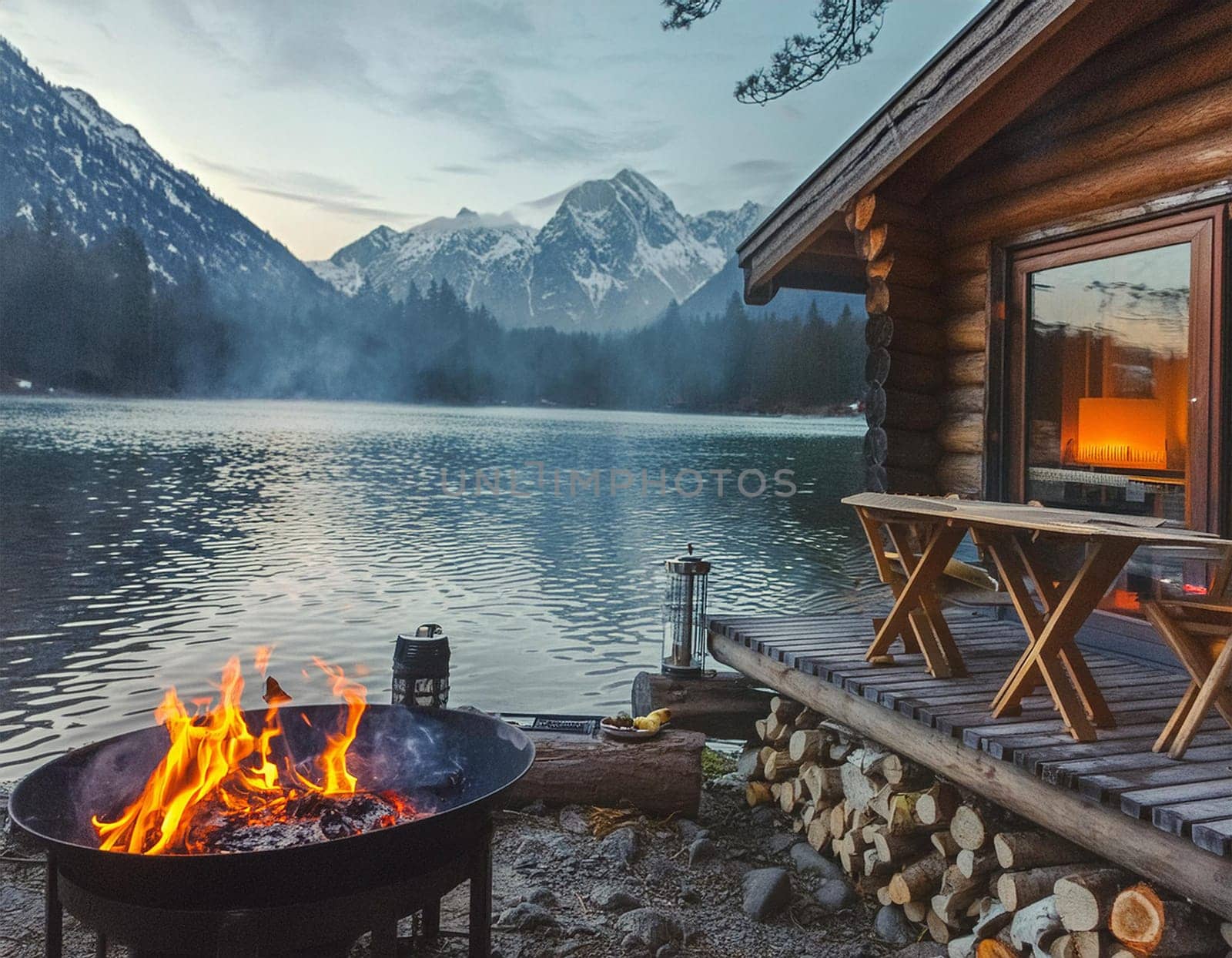 Log cabin or forester's hut by the river in the forest (illustration of a fictional situation, in the form of a photo collage)