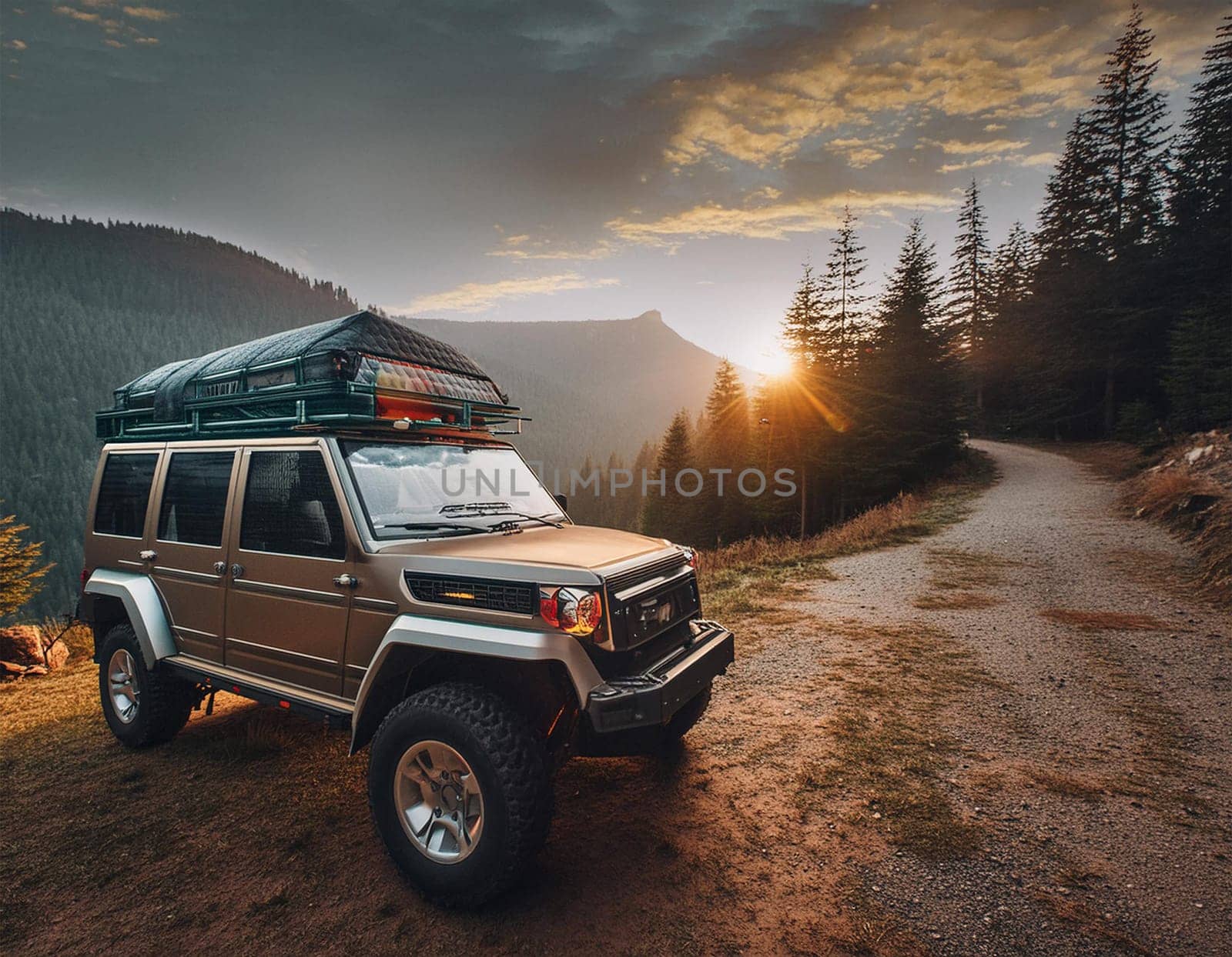 Tourism concept. Dawn in a foggy forest with jeep, off-road vehicle a lonely tent. Man lives in the forest