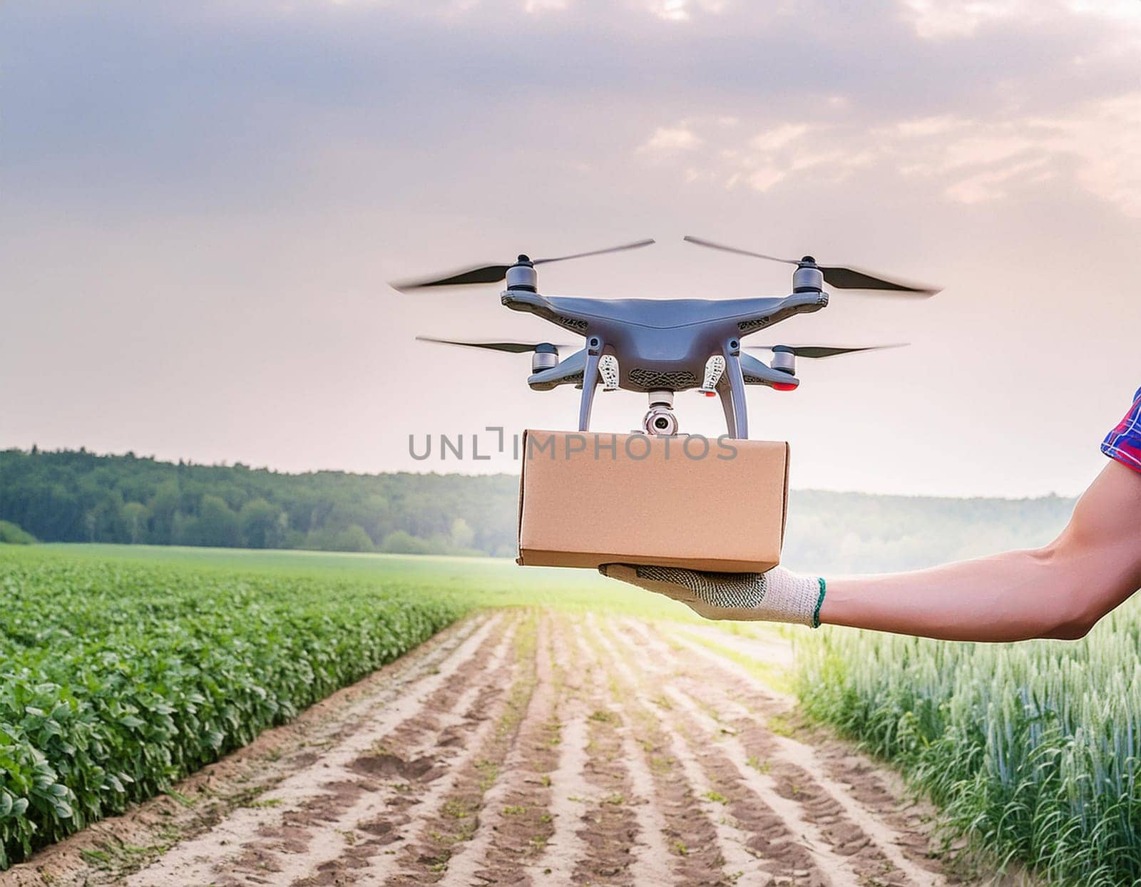 Flying delivery drone on the way to transport a package. Modern innovative technology.
