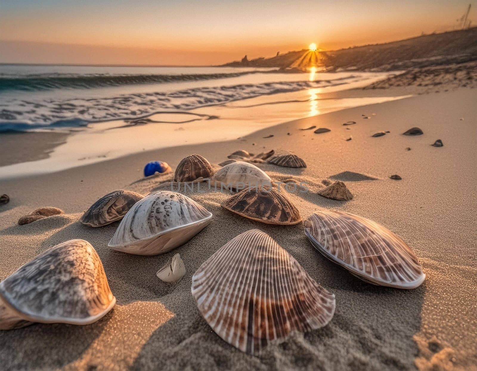 Beach vacation - beach with seashells in the sunset background