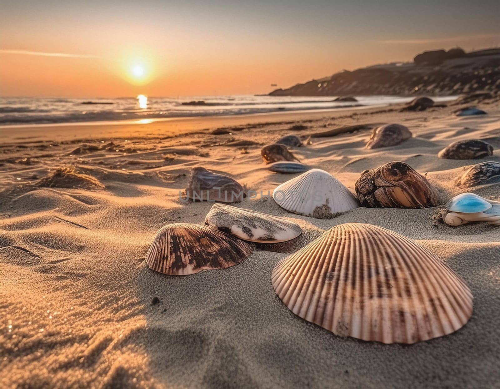 Beach vacation - beach with seashells in the sunset background