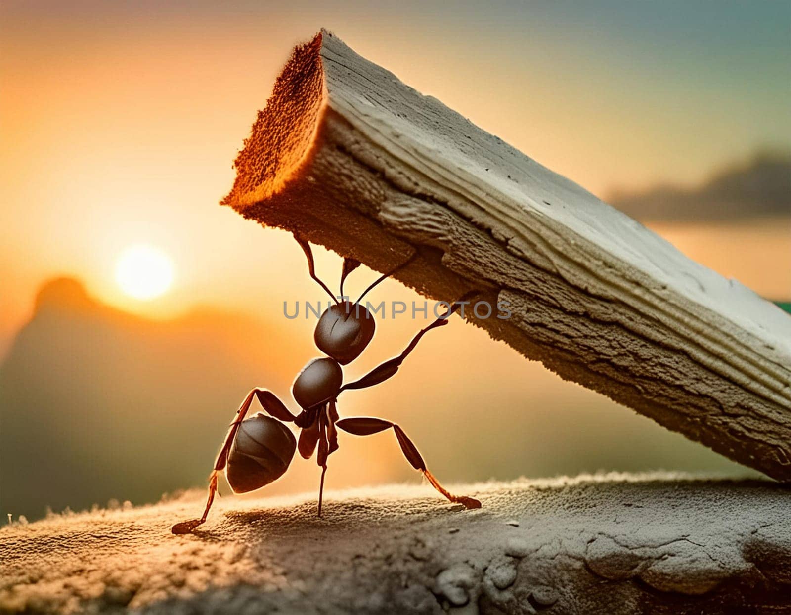 Ant carries tree trunk, works in cooperation, teamwork