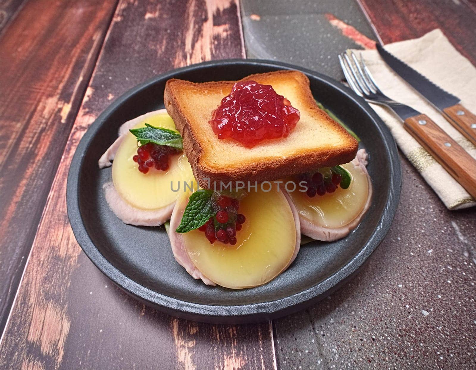 Toast Hawaii, cheese and pineapple on wooden background with chicken breast