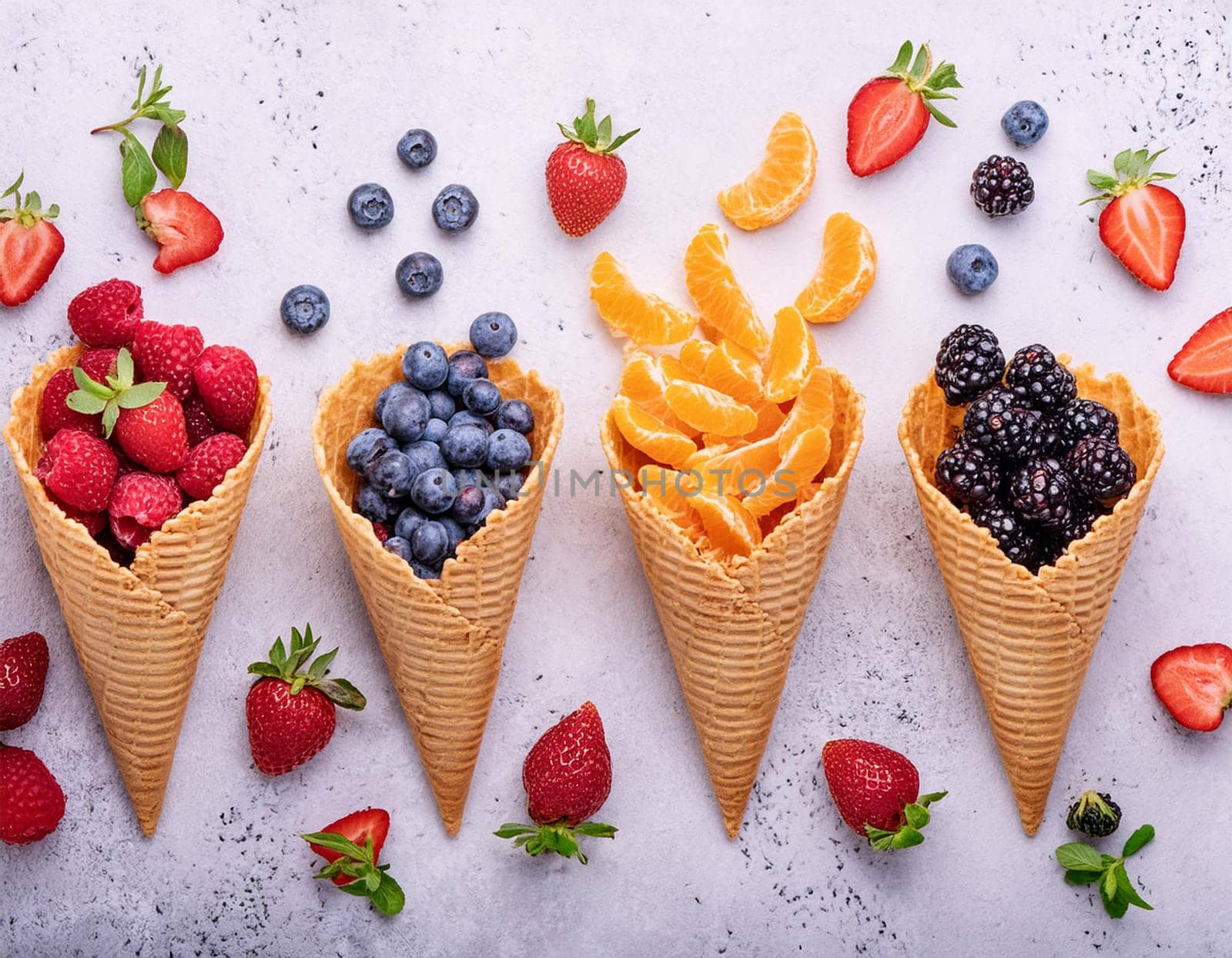 Waffle cones with different types of fruit on a light background