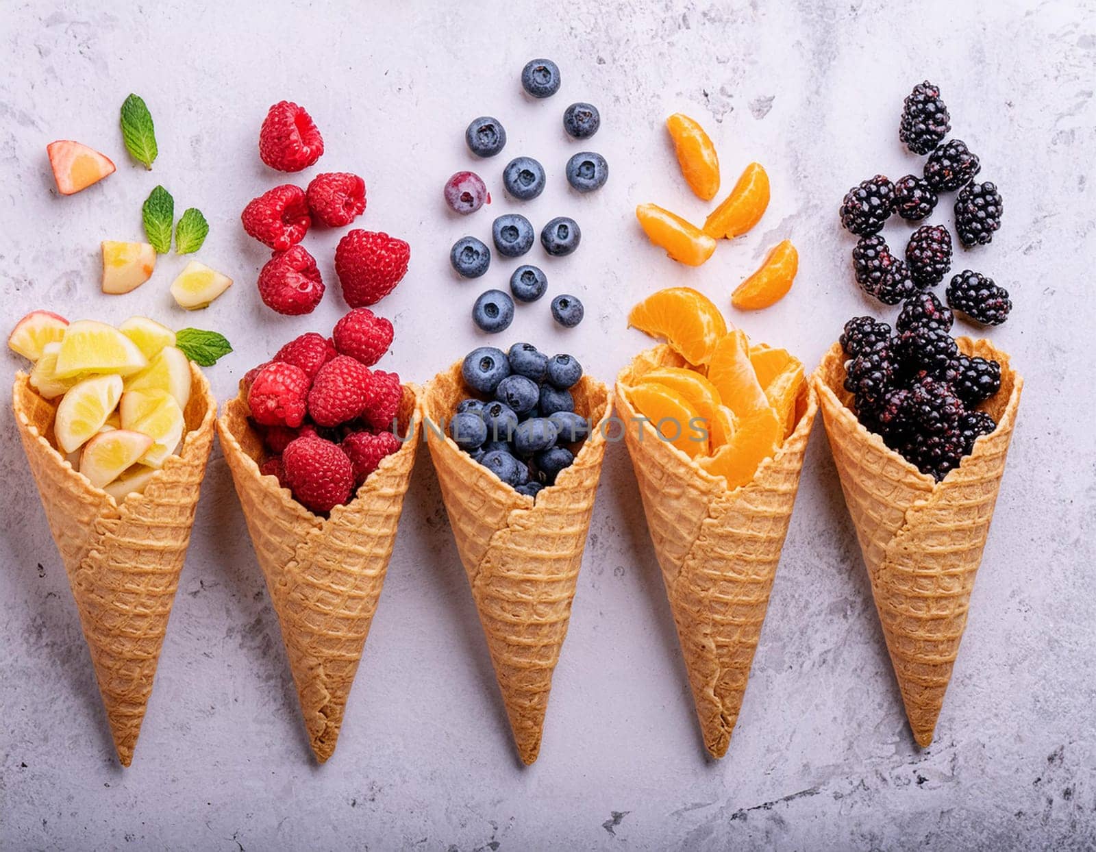 Waffle cones with different types of fruit on a light background
