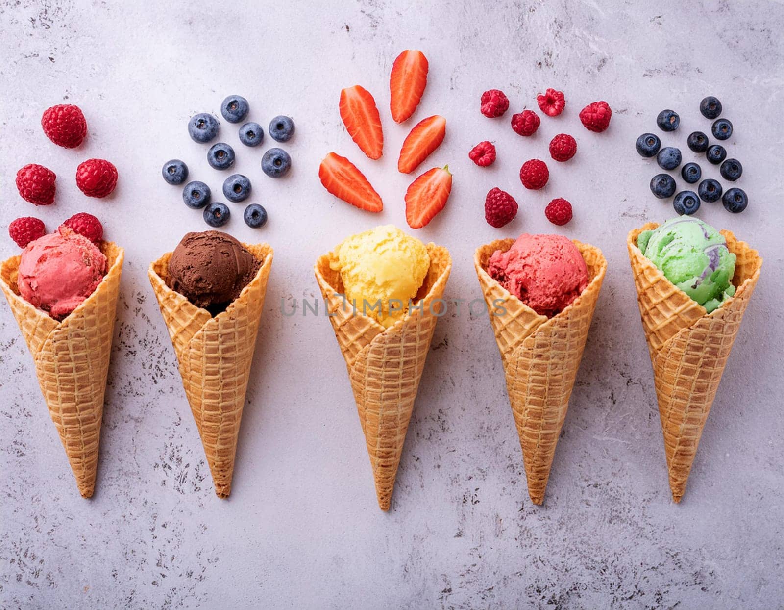 Waffle cones with different types of fruit on a light background