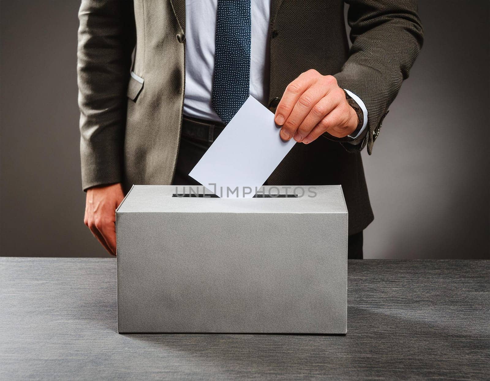 Ballot box with hand voting on a blank ballot paper against a light background.