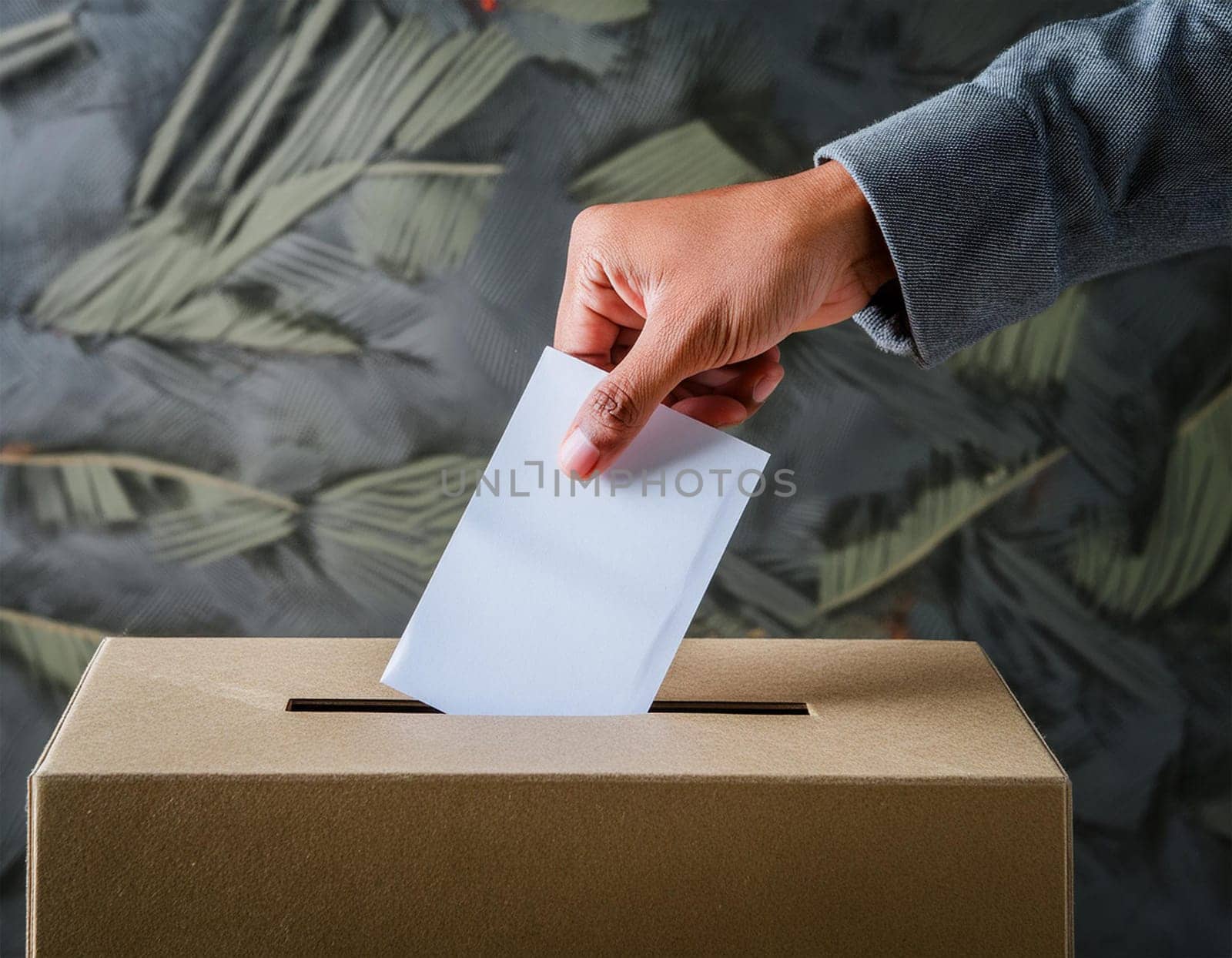 Ballot box with hand voting on a blank ballot paper against a light background.