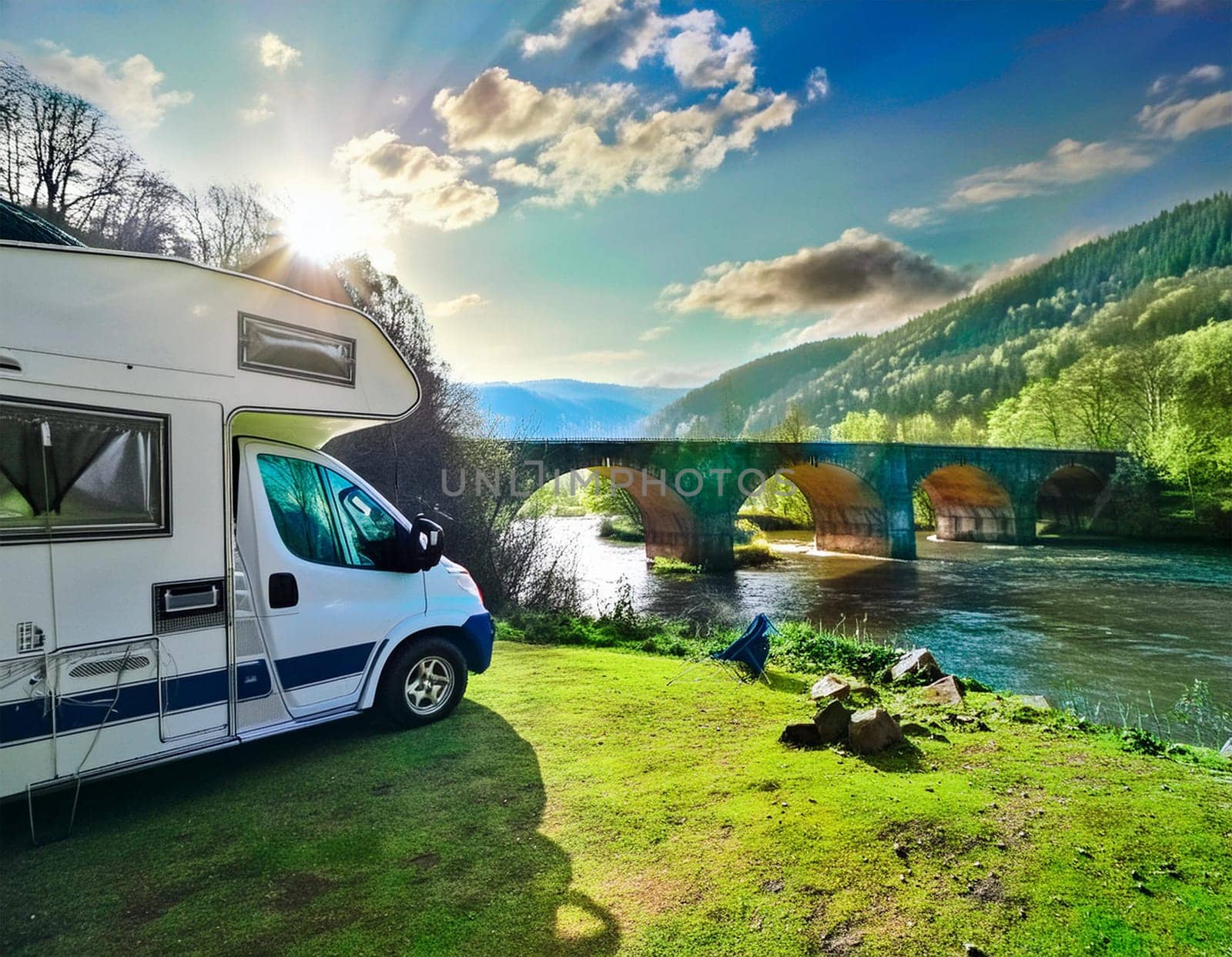 Camping on the beautiful river in summer with an old bridge in the background