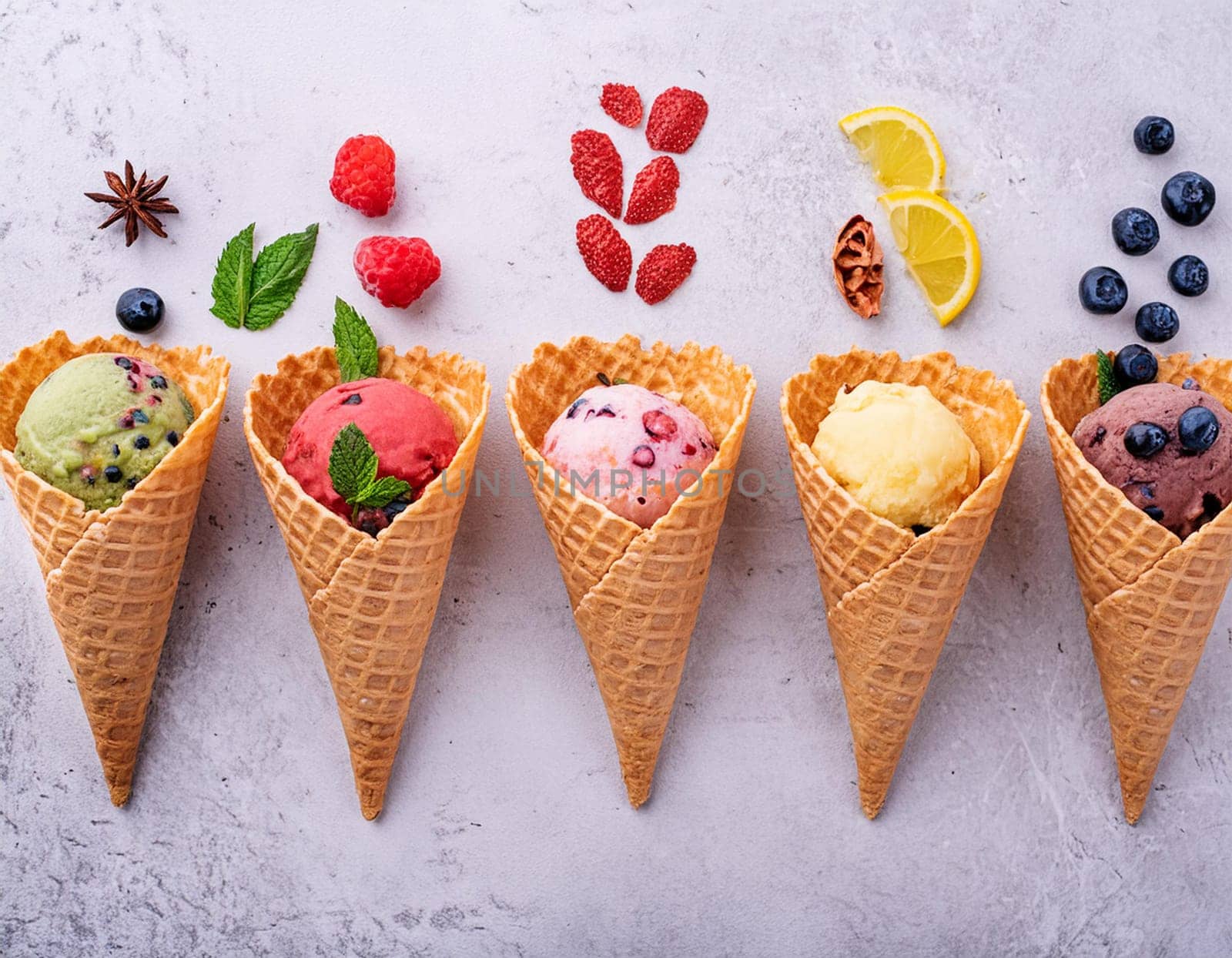 Waffle cones with different types of fruit on a light background