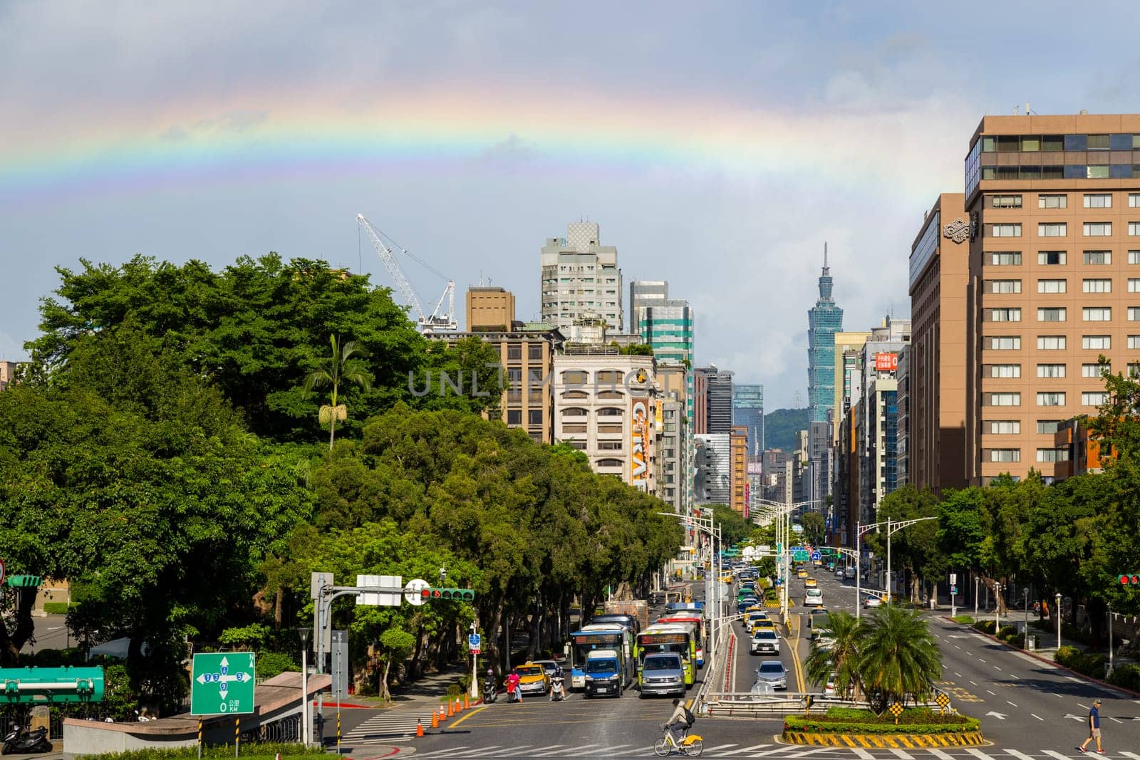 Taipei, Taiwan 25 July 2023: Taipei city street with rainbow