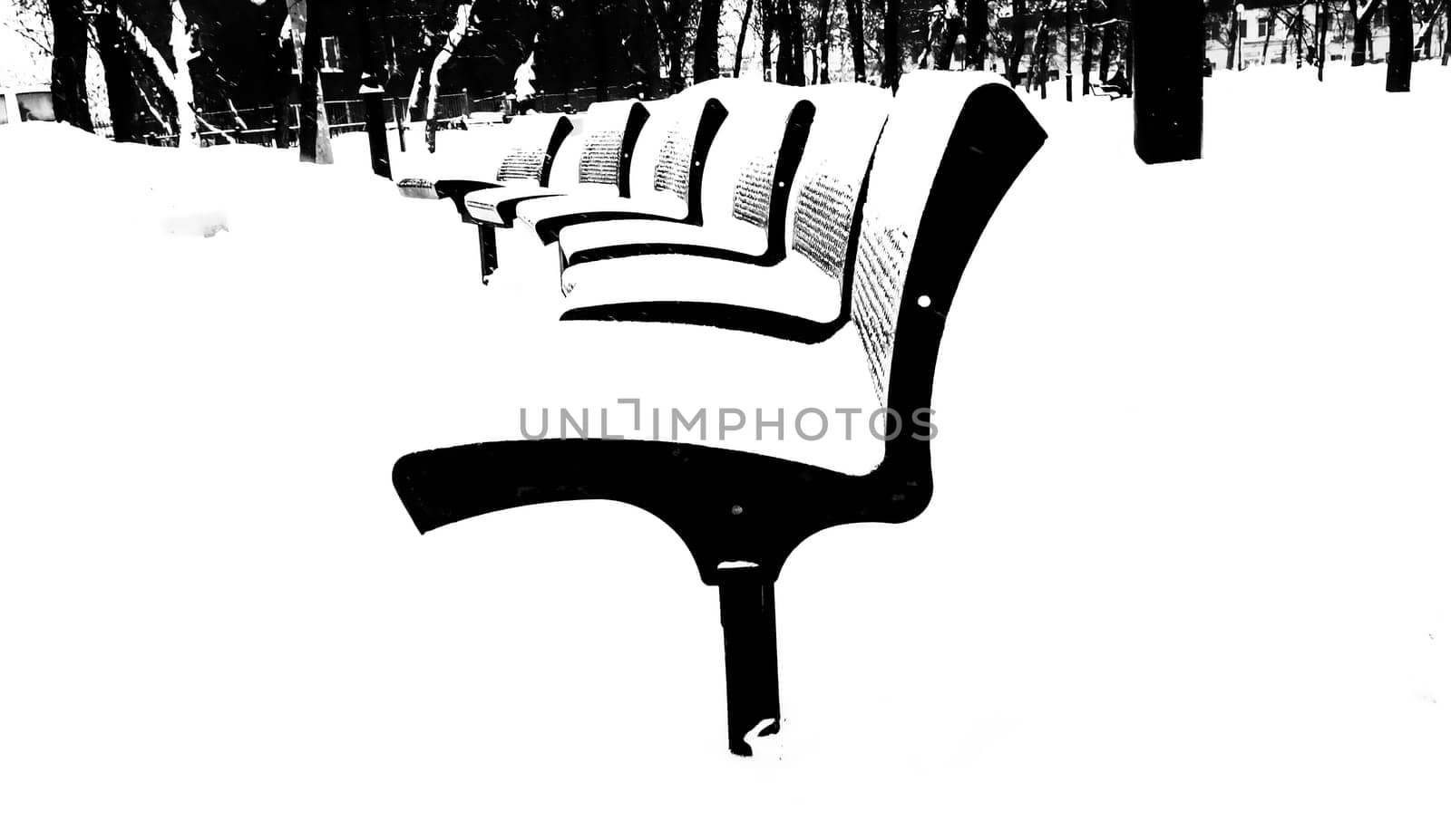 Black and White Digital Illustration Benches in Snow