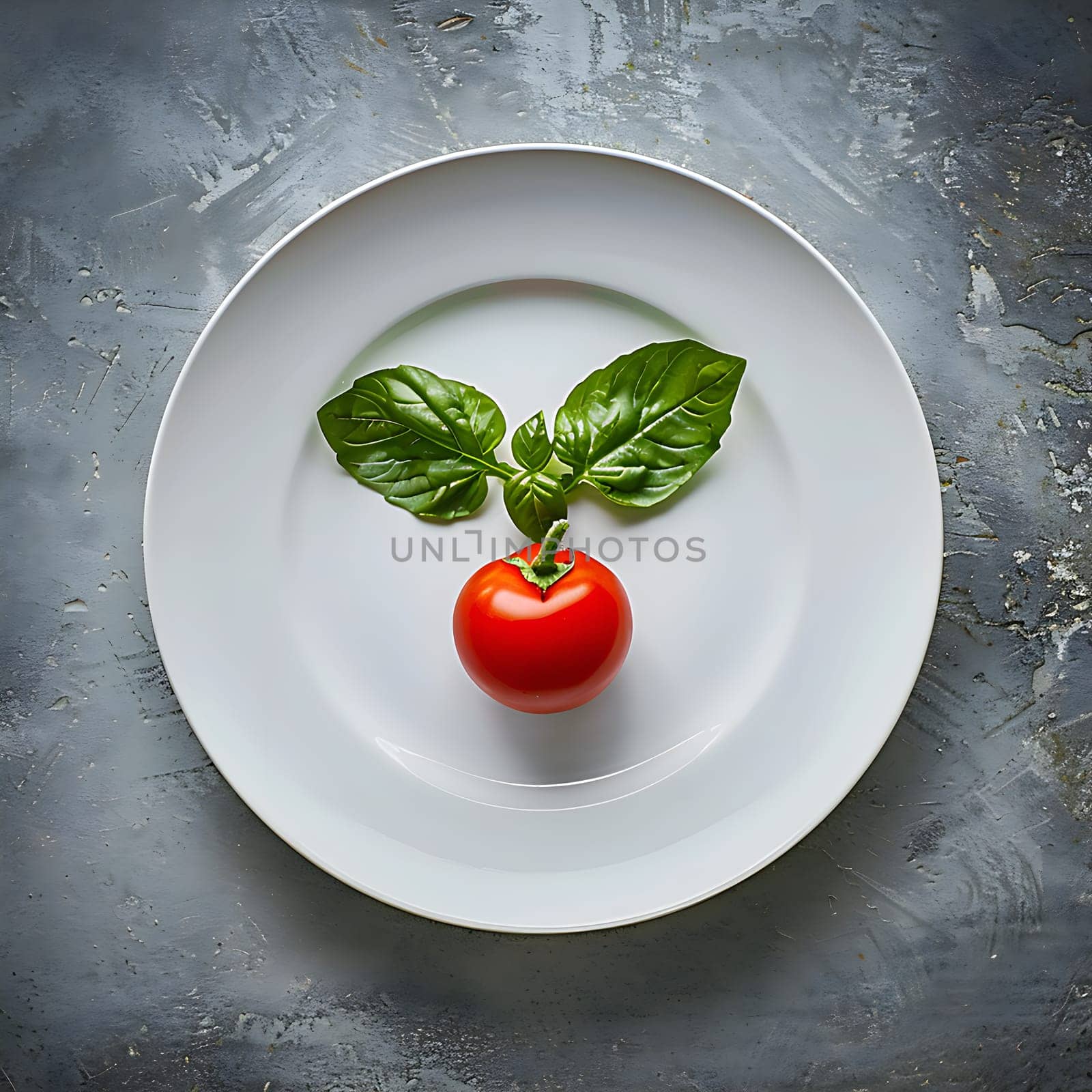 A white plate with tomato and basil generated by artificial intelligence