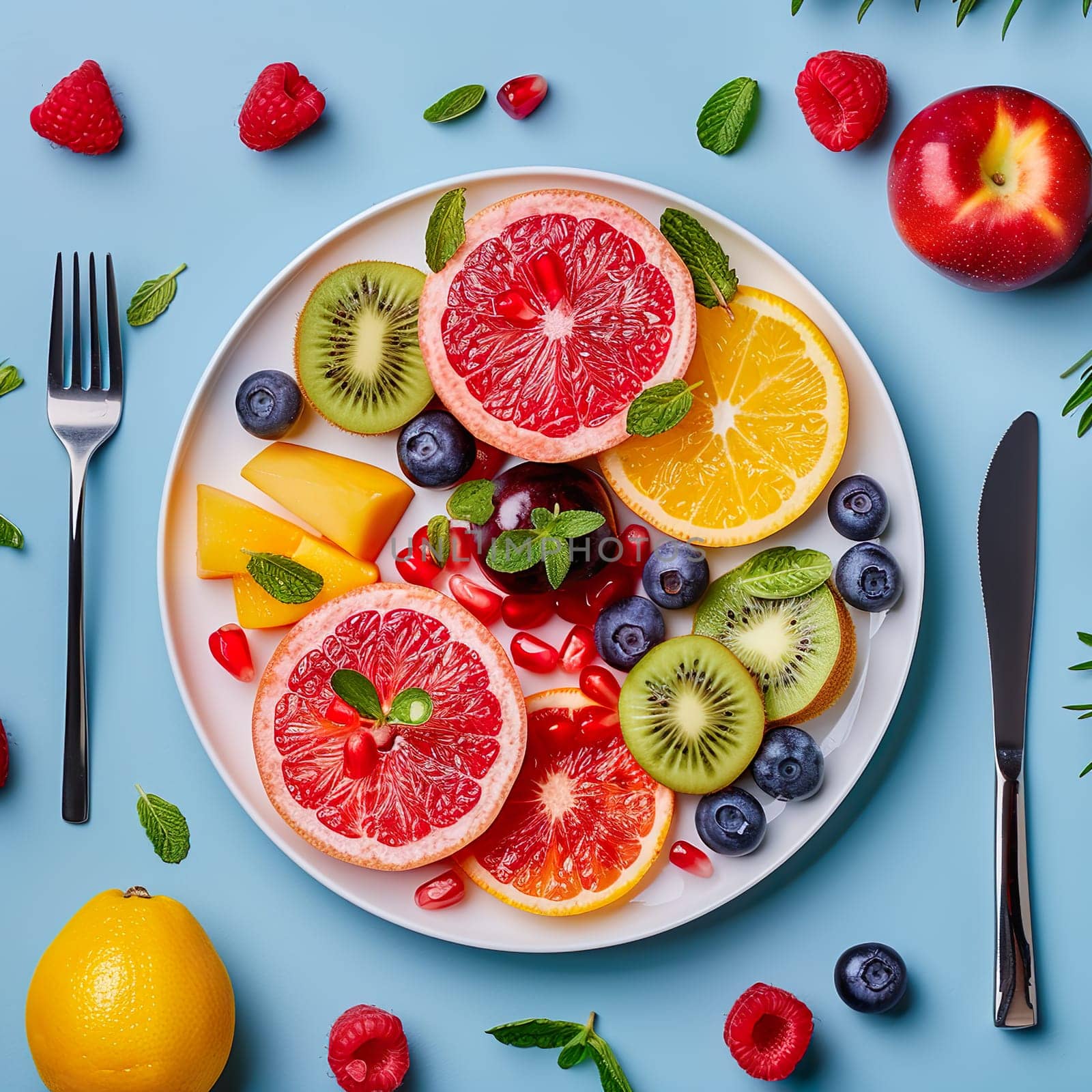 Fresh fruit and vegetables on a plate generated by artificial intelligence