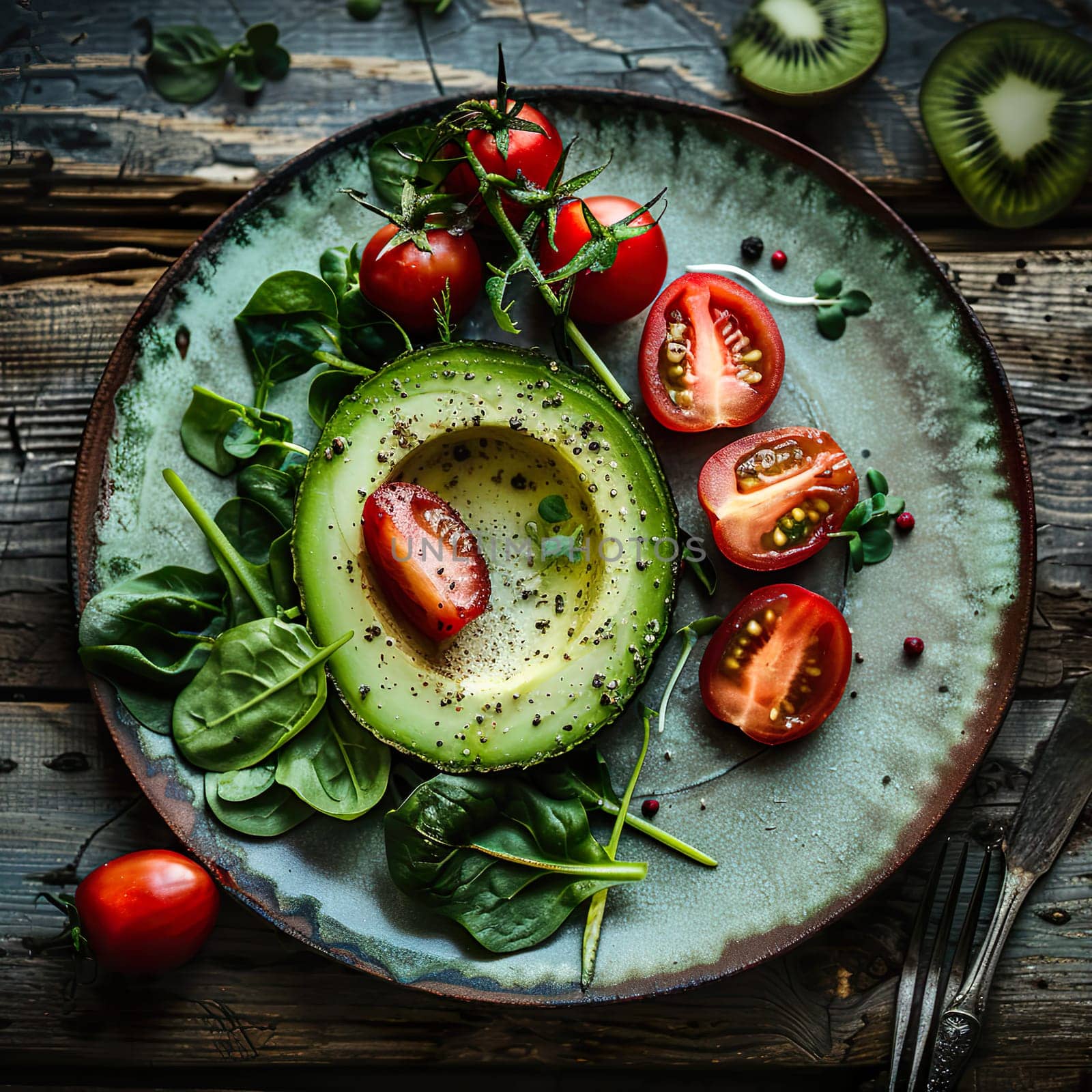A plate of avocado and tomatoes generated by artificial intelligence