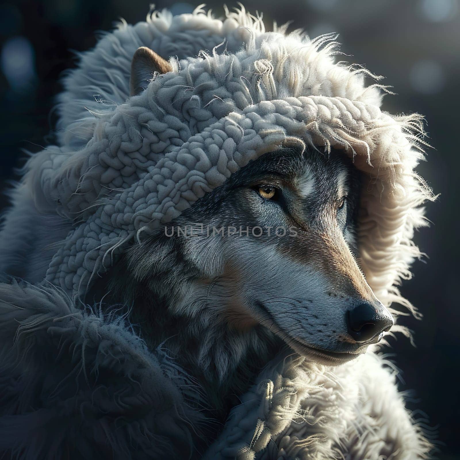 Photo of a wolf in a sheepskin coat generated by artificial intelligence