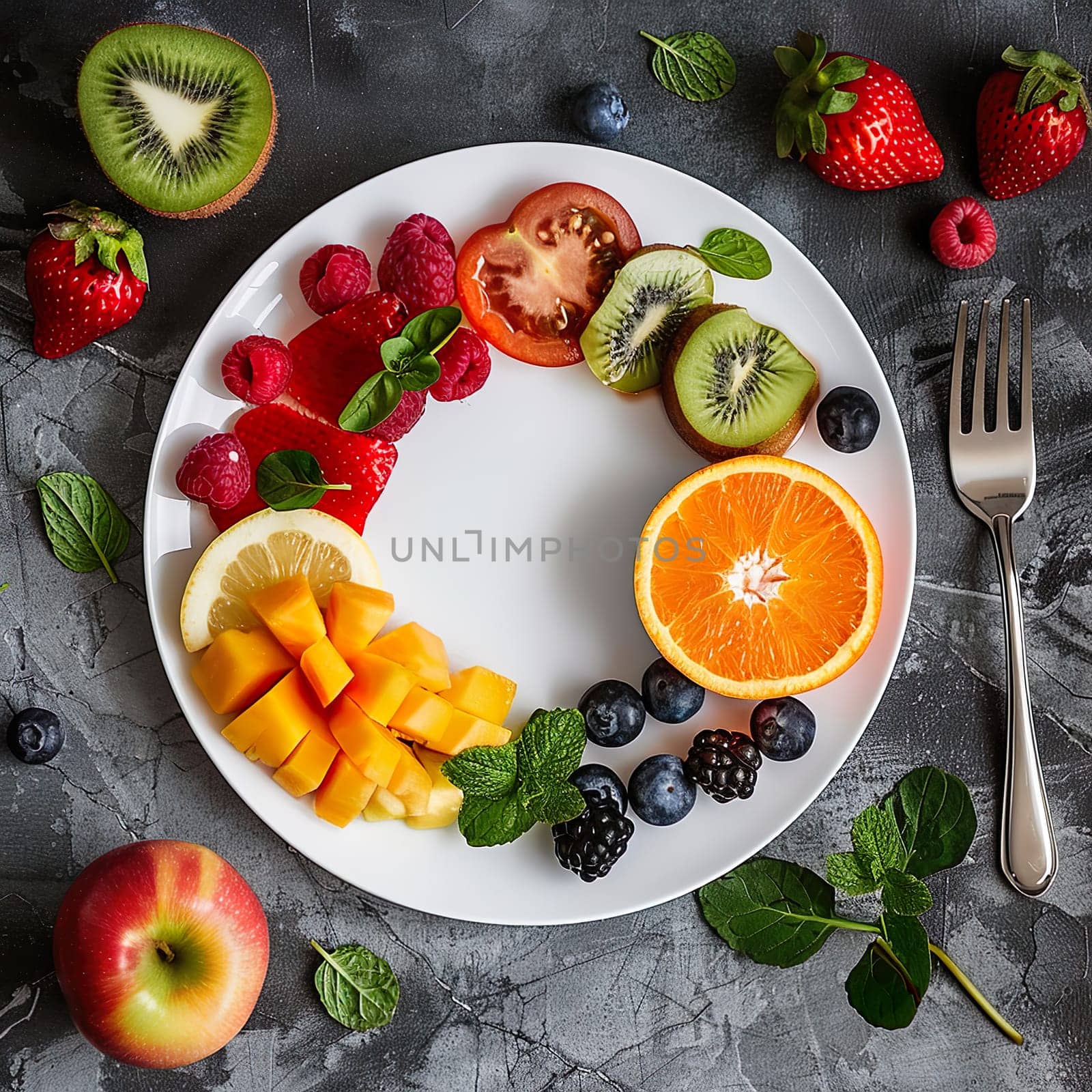 Fresh fruit and vegetables on a plate generated by artificial intelligence