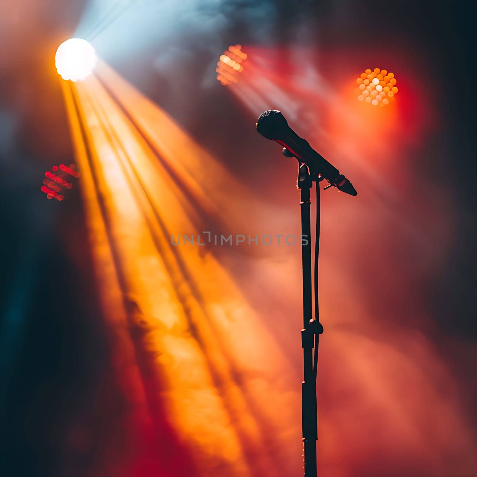 A microphone stands in the spotlight at a concert generated by artificial intelligence