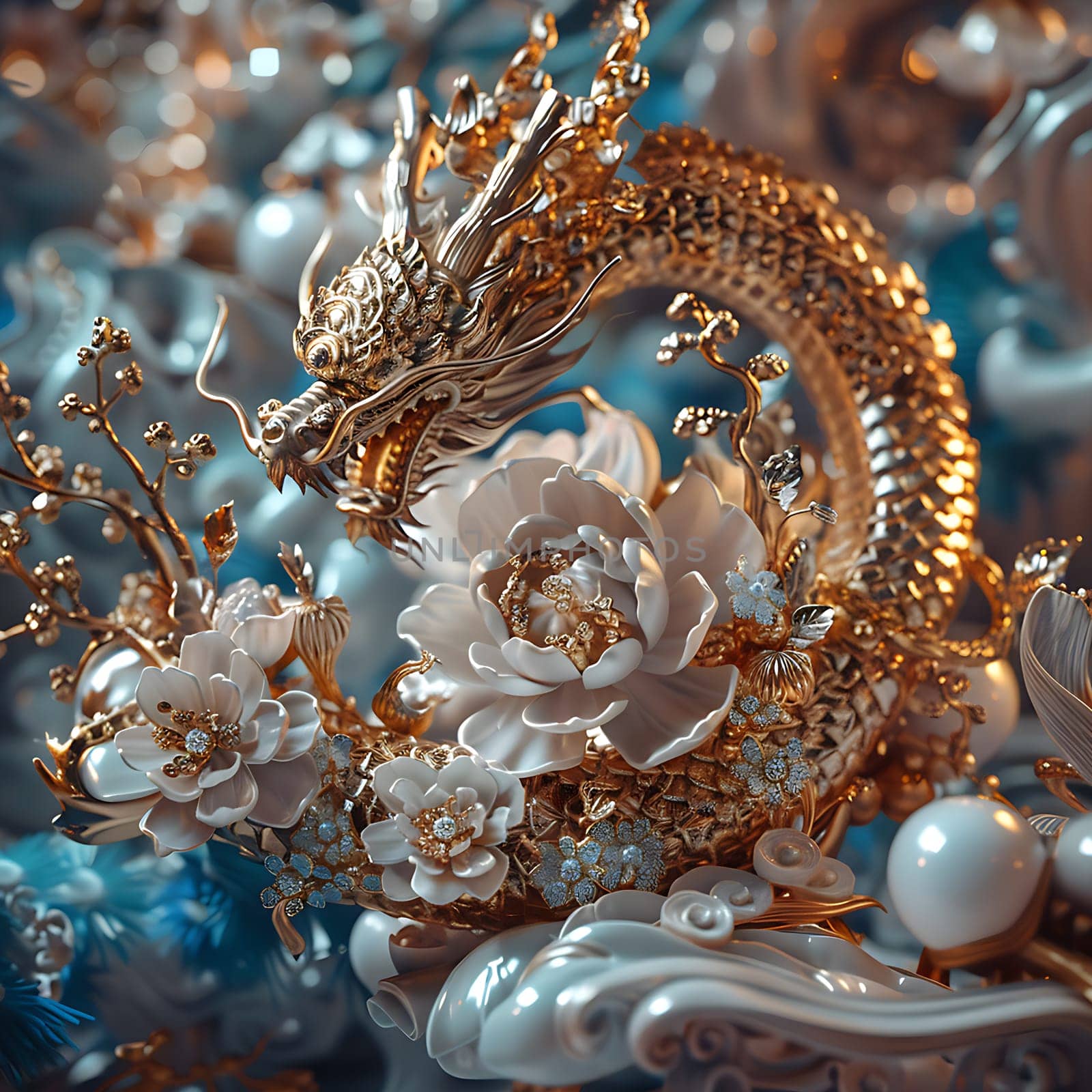 A golden dragon among sparkling flowers generated by artificial intelligence