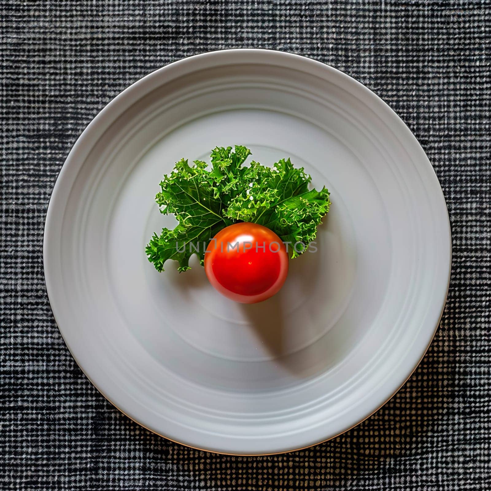 A white plate with tomato and basil generated by artificial intelligence