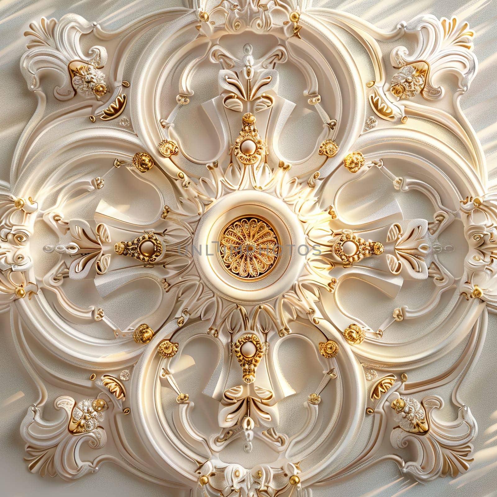 A magnificent ceiling made of white stucco with golden ornaments generated by artificial intelligence