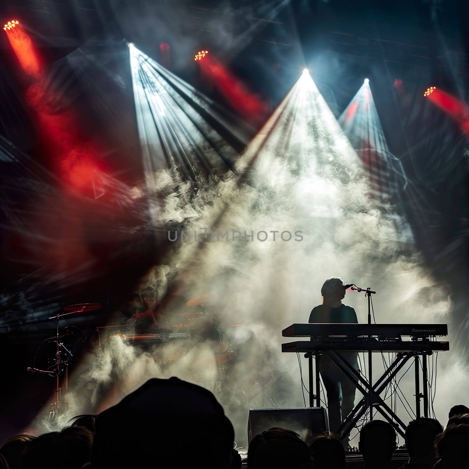 A microphone stands in the spotlight at a concert generated by artificial intelligence