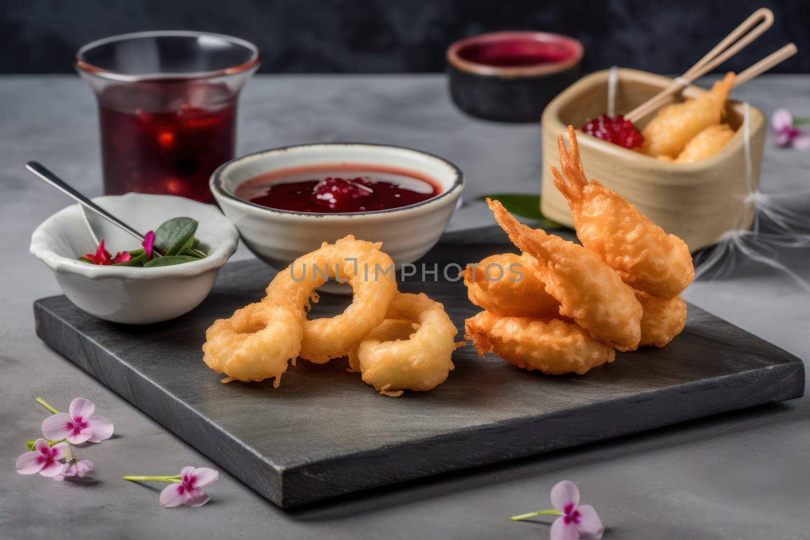 A delicious dish of fried squid and shrimp, beautifully served with dipping sauces on a slate board, making the dining experience even more memorable.