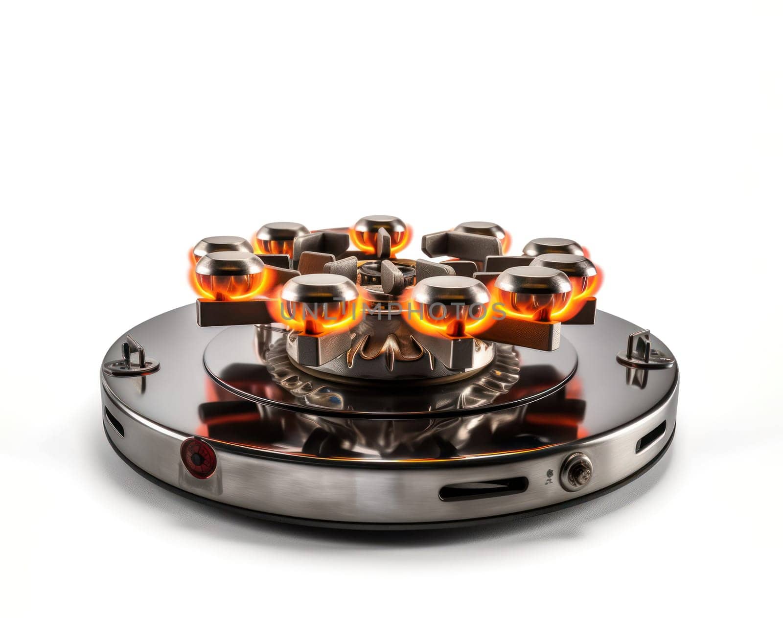 Close-up of an gas burner with flame, demonstrating highly efficient technology and modern design.