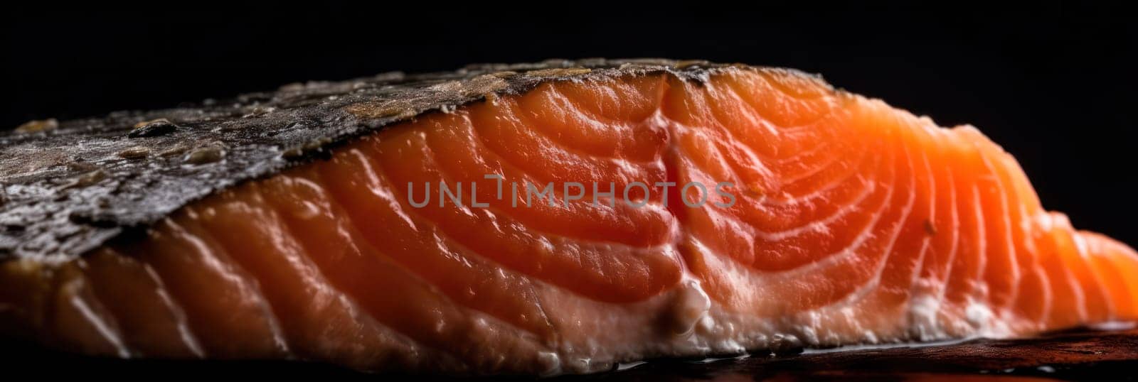 Close-up of a fresh salmon fillet with a focus on its texture, presented on a dark background.