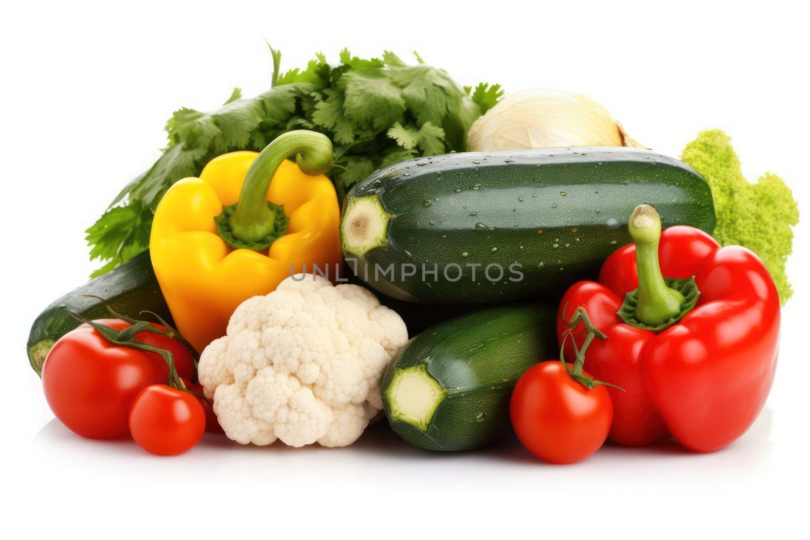 An array of colorful fresh vegetables including peppers, zucchini, and cauliflower isolated on white background. Copy space.