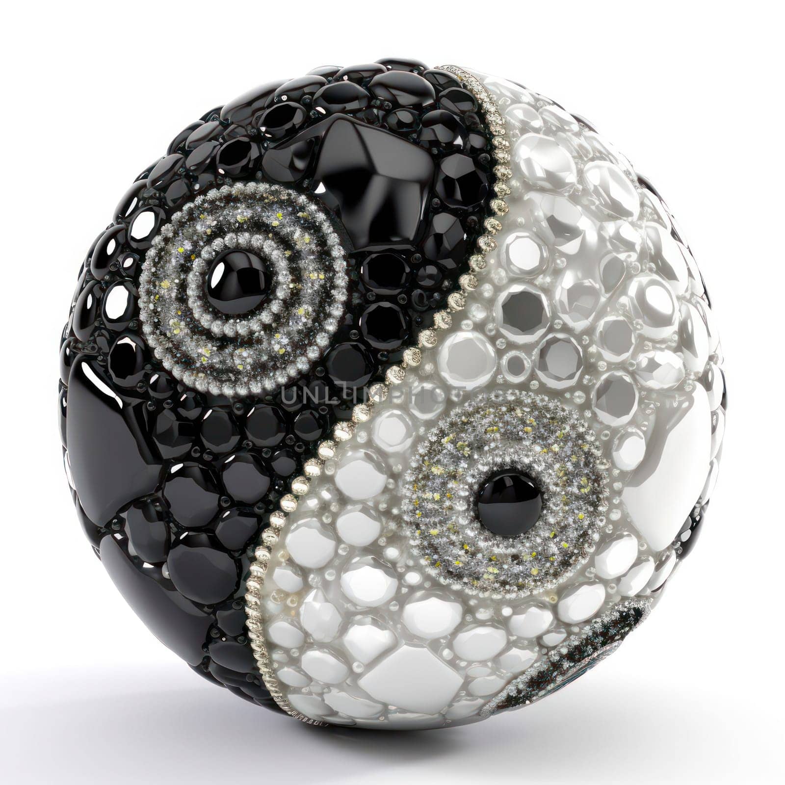 An intricately designed sphere featuring the Yin Yang symbol and luxurious black and white jewels, representing balance and elegance.