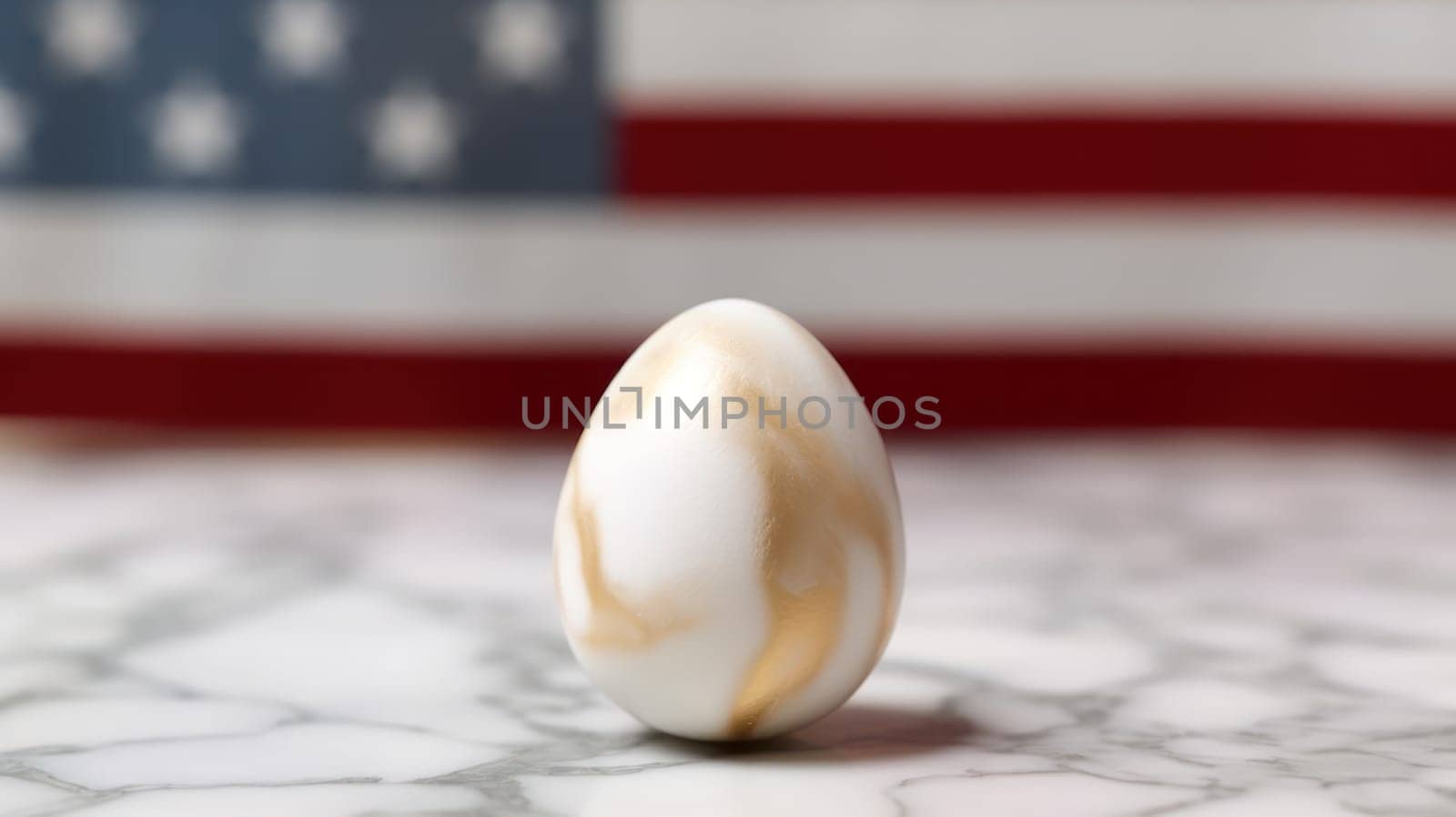 A egg balances on a marble surface, blurred American flag in the background. Copy space available.