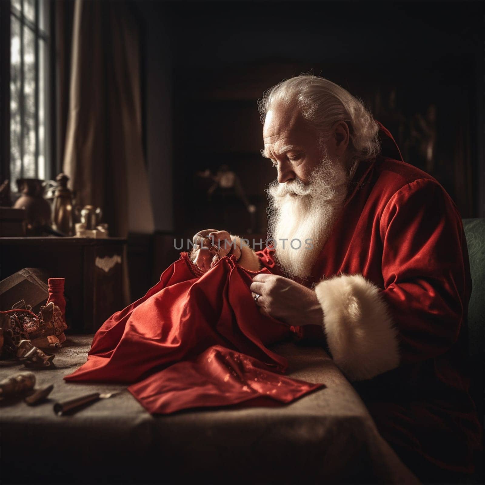 Santa Claus is sewing a bag for Christmas gifts while sitting at the table. New Year and Christmas concept. Generative AI