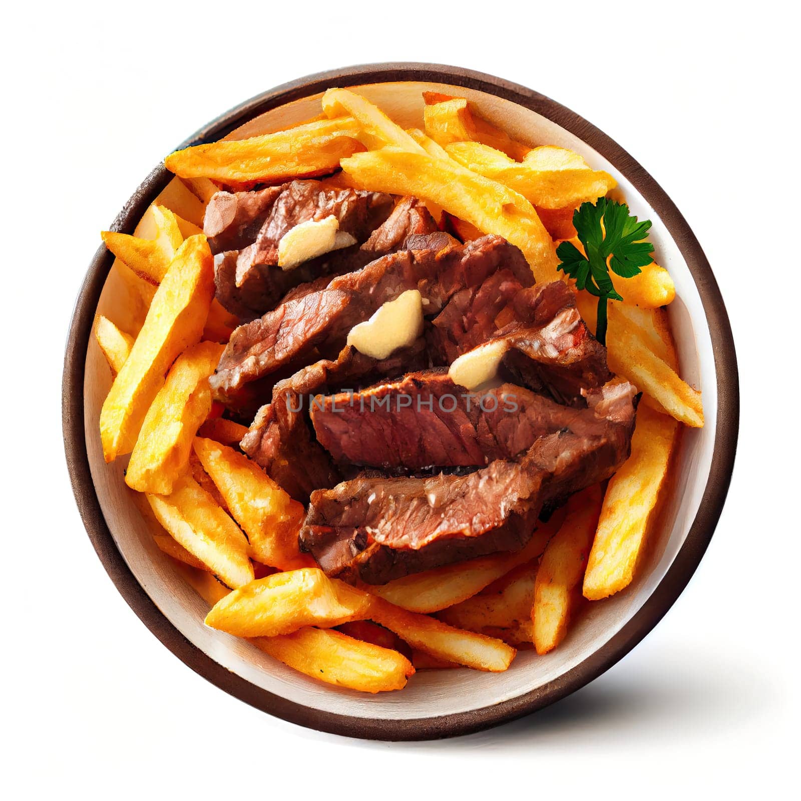 A classic dish of steak frites, featuring juicy slices of steak with golden French fries, garnished with a hint of parsley.