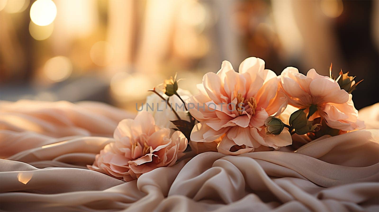 Delicate peach flowers placed gently on softly draped fabric, creating a romantic and soft atmosphere.wedding concept