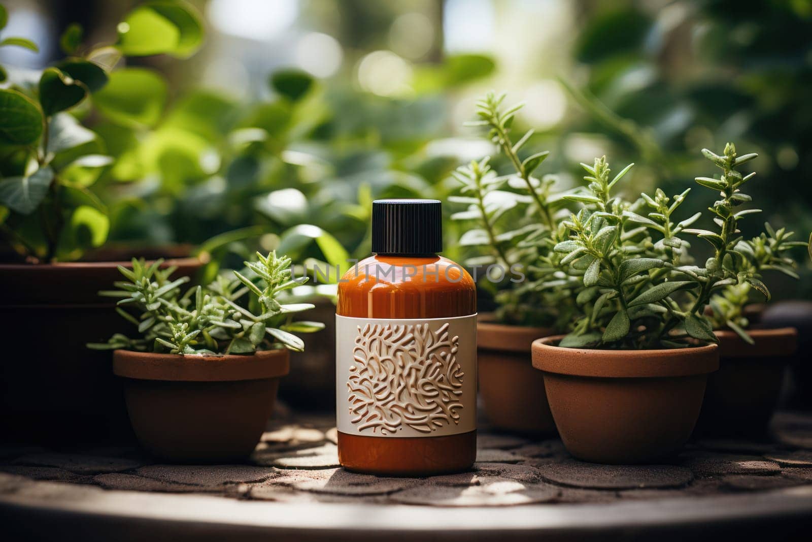 Beautifully presented beauty product packaging among natural potted plants, emphasizing organic and eco-friendly themes.