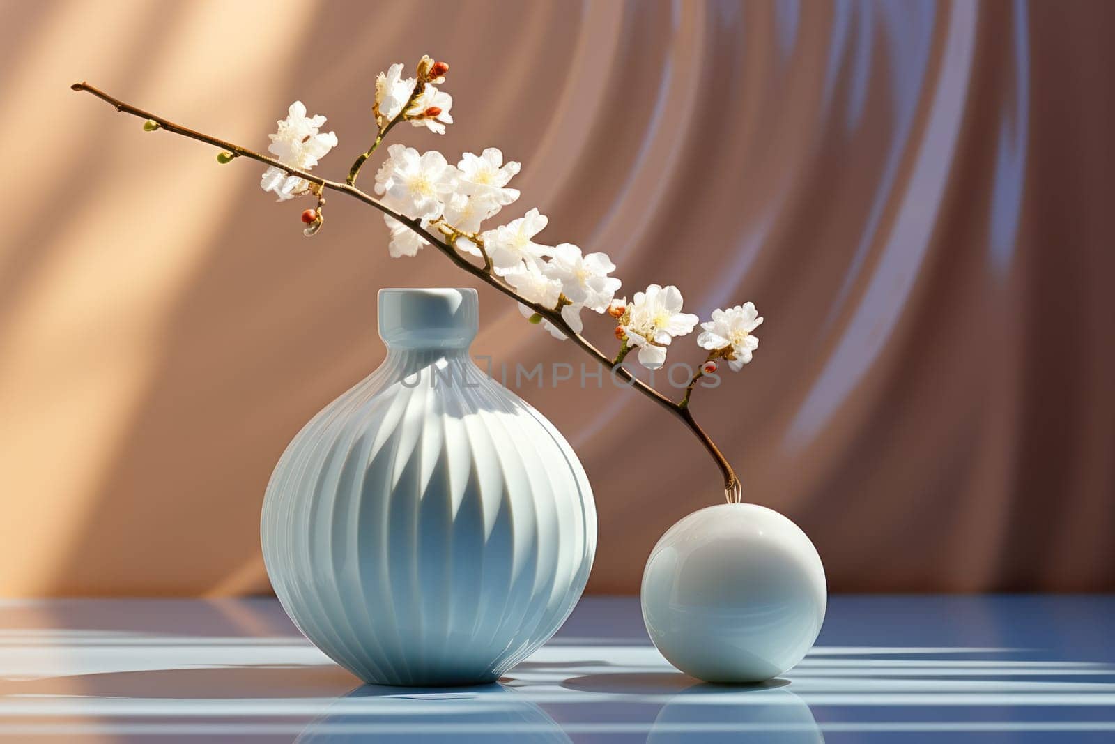A serene display of a white vase with delicate blossoms, highlighted by striped shadows.