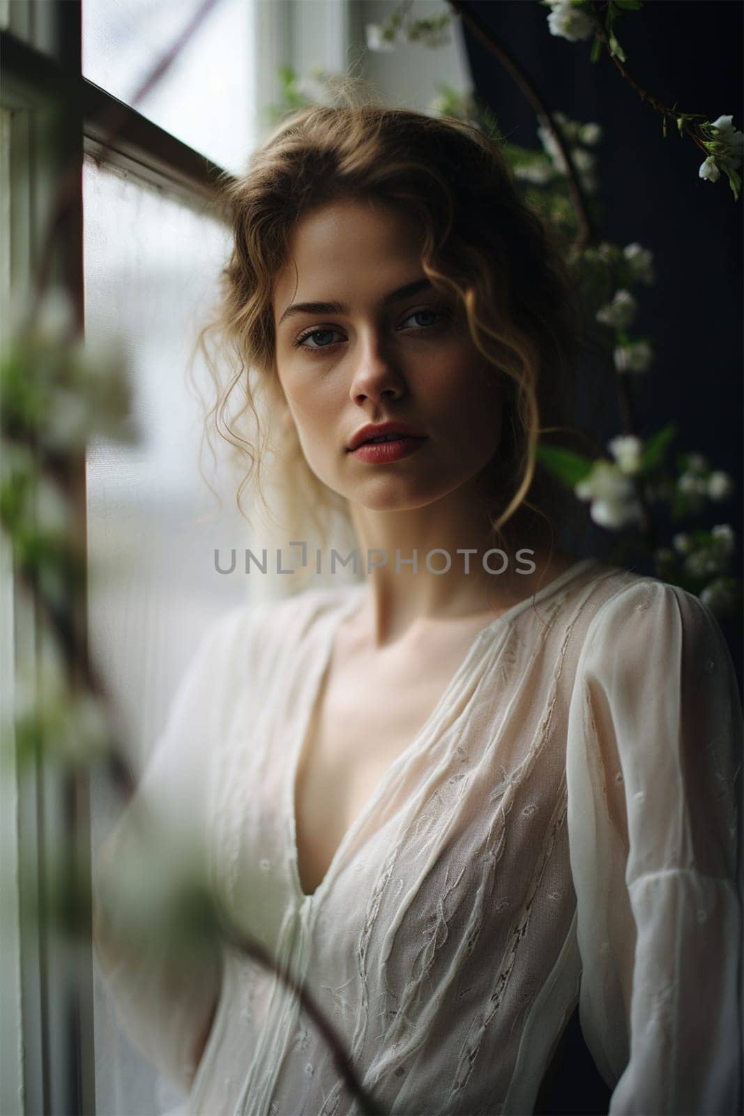a charming portrait of a young woman in a white dress at a window framed by green shoots of plants.