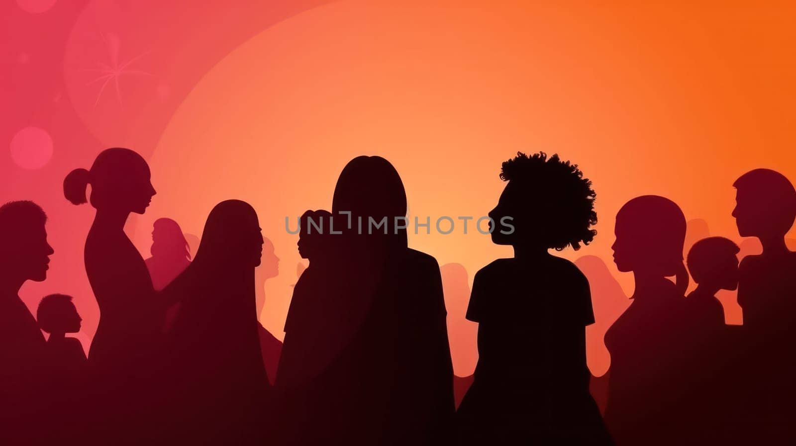 A vibrant silhouette of a diverse group of people against an orange sunset background, symbolizing unity and diversity.